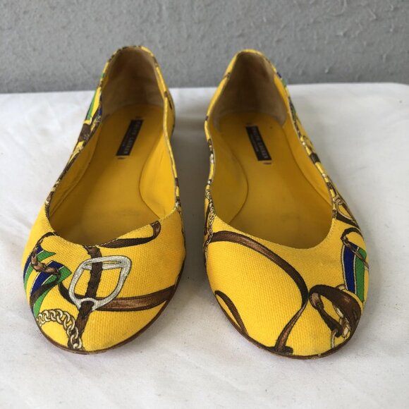 Ralph Lauren Collection Ballet Flats Womens Size 8.5 Yellow Equestrian Italy - Picture 1 of 16
